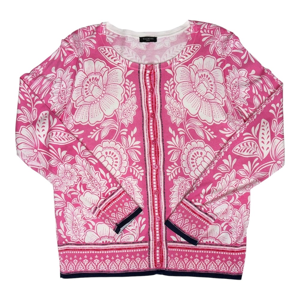 Talbots Charming Woodblock Floral Cardigan Sweater Pink Cotton Rayon P/Small